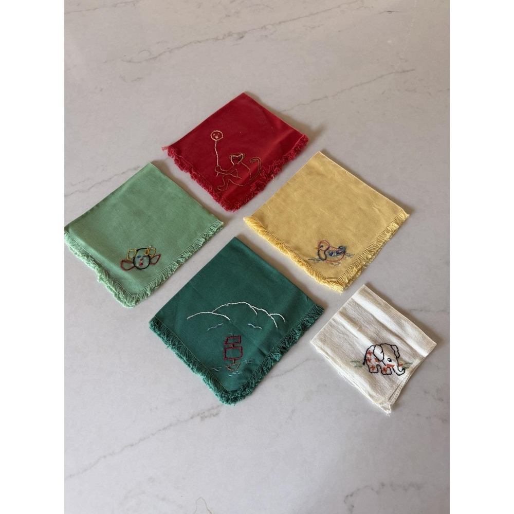 VTG Hand Embroidered Cocktail Napkins Lot 5 Monkey Elephant Sailboat Duck